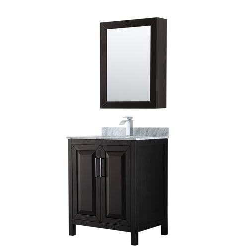 Wyndham Daria 30 Inch Single Bathroom Vanity in Dark Espresso, White Carrara Marble Countertop, Undermount Square Sink, and Medicine Cabinet- Wyndham