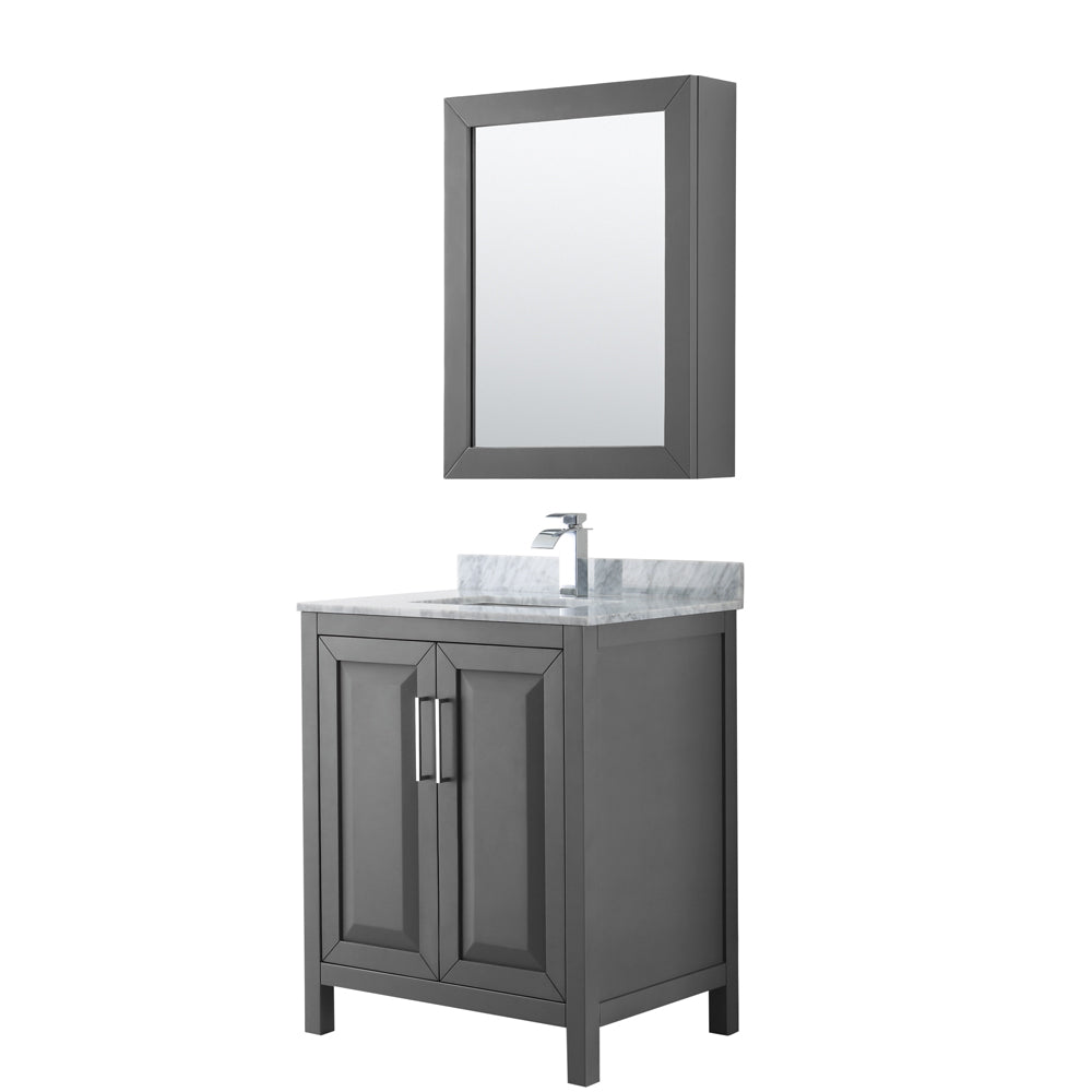 Wyndham Daria 30 Inch Single Bathroom Vanity in Dark Gray, White Carrara Marble Countertop, Undermount Square Sink, and Medicine Cabinet- Wyndham