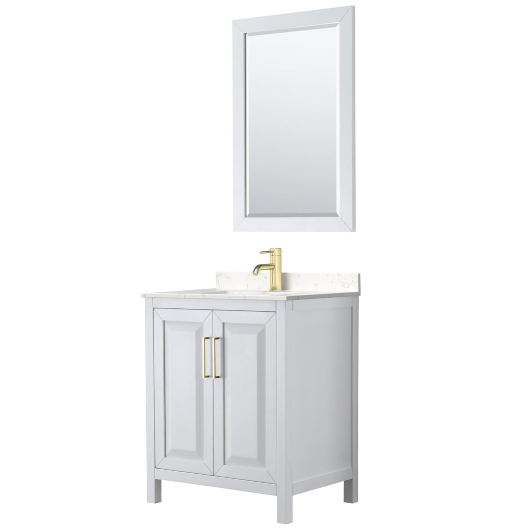 Wyndham Daria 30 Inch Single Bathroom Vanity in White, Light-Vein Carrara Cultured Marble Countertop, Undermount Square Sink, 24 Inch Mirror, Brushed Gold Trim- Wyndham