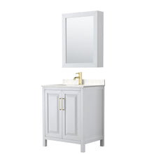Load image into Gallery viewer, Wyndham Daria 30 Inch Single Bathroom Vanity in White, Light-Vein Carrara Cultured Marble Countertop, Undermount Square Sink, Medicine Cabinet, Brushed Gold Trim- Wyndham