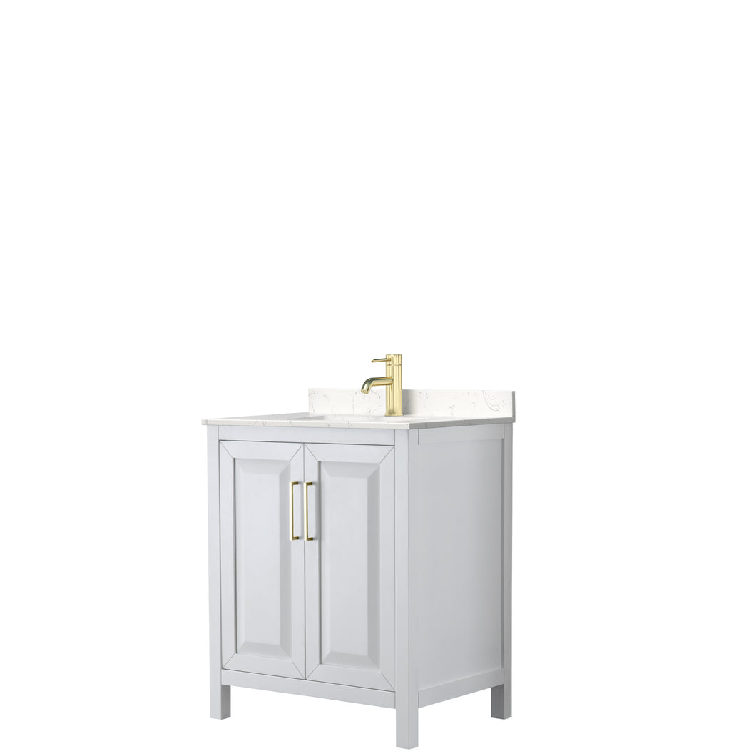 Wyndham Daria 30 Inch Single Bathroom Vanity in White, Light-Vein Carrara Cultured Marble Countertop, Undermount Square Sink, Brushed Gold Trim- Wyndham