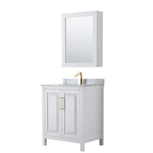Load image into Gallery viewer, Wyndham Daria 30 Inch Single Bathroom Vanity in White, White Carrara Marble Countertop, Undermount Square Sink, Medicine Cabinet, Brushed Gold Trim- Wyndham