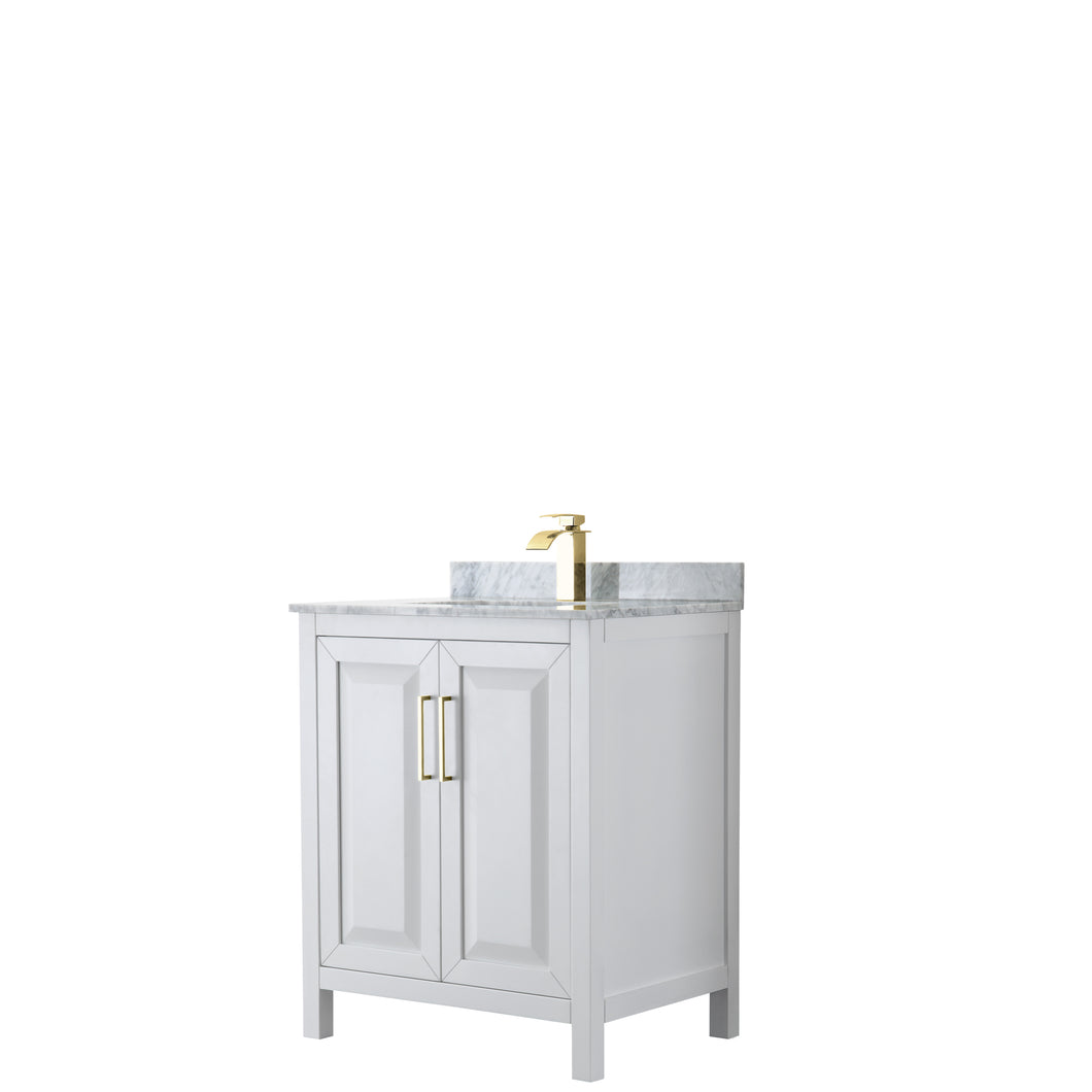 Wyndham Daria 30 Inch Single Bathroom Vanity in White, White Carrara Marble Countertop, Undermount Square Sink, Brushed Gold Trim- Wyndham