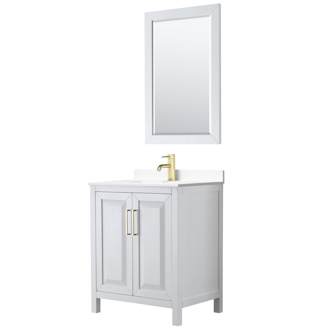Wyndham Daria 30 Inch Single Bathroom Vanity in White, White Cultured Marble Countertop, Undermount Square Sink, 24 Inch Mirror, Brushed Gold Trim- Wyndham