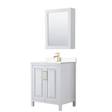 Load image into Gallery viewer, Wyndham Daria 30 Inch Single Bathroom Vanity in White, White Cultured Marble Countertop, Undermount Square Sink, Medicine Cabinet, Brushed Gold Trim- Wyndham