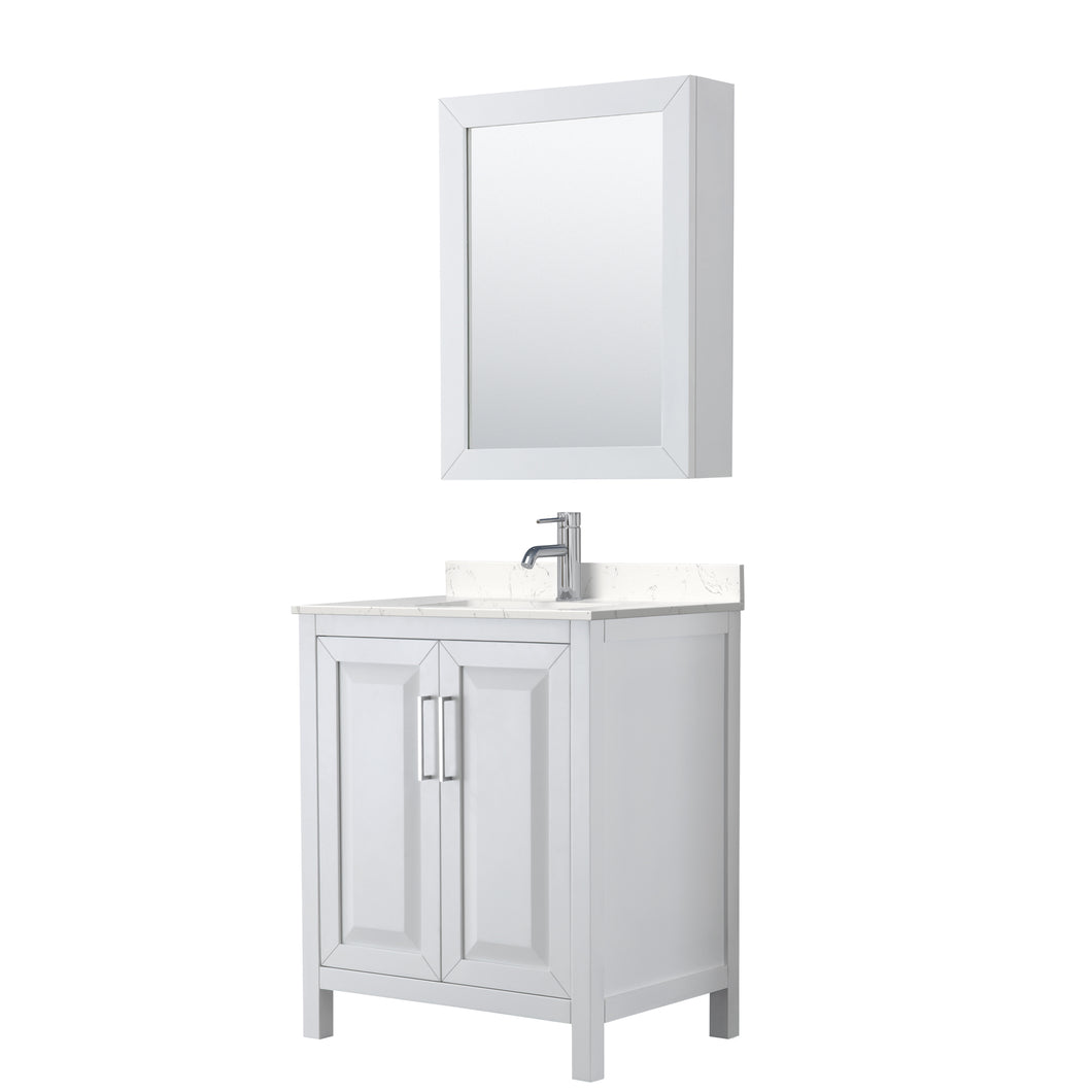 Wyndham Daria 30 Inch Single Bathroom Vanity in White, Light-Vein Carrara Cultured Marble Countertop, Undermount Square Sink, Medicine Cabinet- Wyndham