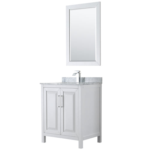 Wyndham Daria 30 Inch Single Bathroom Vanity in White, White Carrara Marble Countertop, Undermount Square Sink, and 24 Inch Mirror- Wyndham
