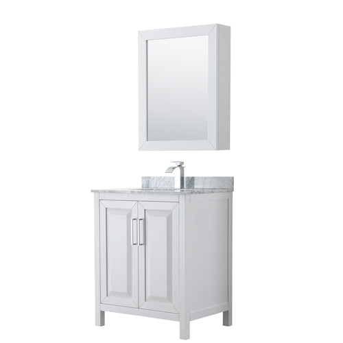 Wyndham Daria 30 Inch Single Bathroom Vanity in White, White Carrara Marble Countertop, Undermount Square Sink, and Medicine Cabinet- Wyndham