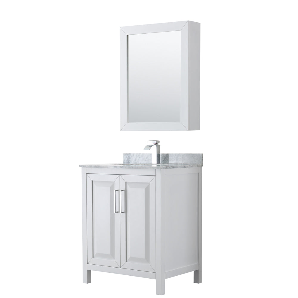 Wyndham Daria 30 Inch Single Bathroom Vanity in White, White Carrara Marble Countertop, Undermount Square Sink, and Medicine Cabinet- Wyndham