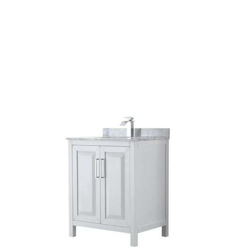 Wyndham Daria 30 Inch Single Bathroom Vanity in White, White Carrara Marble Countertop, Undermount Square Sink, and No Mirror- Wyndham