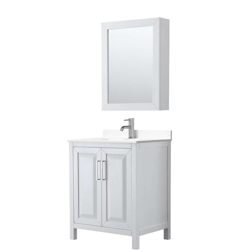 Wyndham Daria 30 Inch Single Bathroom Vanity in White, White Cultured Marble Countertop, Undermount Square Sink, Medicine Cabinet- Wyndham
