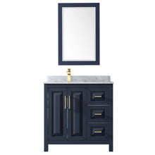 Load image into Gallery viewer, Wyndham Daria 36 Inch Single Bathroom Vanity in Dark Blue, White Carrara Marble Countertop, Undermount Square Sink, 24 Inch Mirror- Wyndham