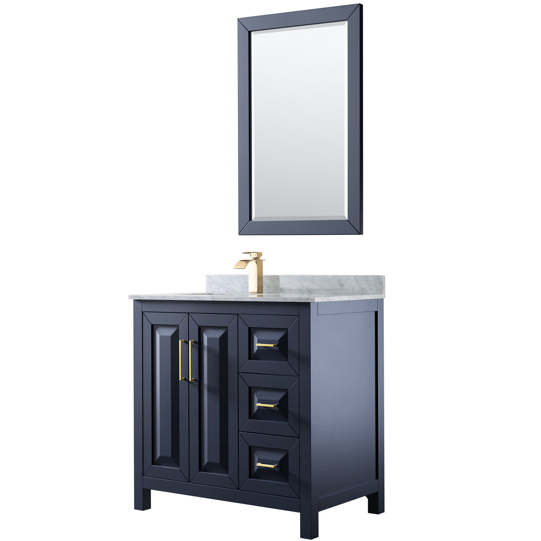 Wyndham Daria 36 Inch Single Bathroom Vanity in Dark Blue, White Carrara Marble Countertop, Undermount Square Sink, 24 Inch Mirror- Wyndham