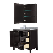 Load image into Gallery viewer, Wyndham Daria 36 Inch Single Bathroom Vanity in Dark Espresso, White Carrara Marble Countertop, Undermount Square Sink, and Medicine Cabinet- Wyndham