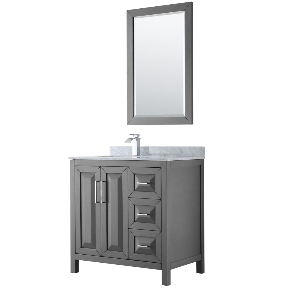 Wyndham Daria 36 Inch Single Bathroom Vanity in Dark Gray, White Carrara Marble Countertop, Undermount Square Sink, and 24 Inch Mirror- Wyndham