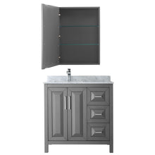 Load image into Gallery viewer, Wyndham Daria 36 Inch Single Bathroom Vanity in Dark Gray, White Carrara Marble Countertop, Undermount Square Sink, and Medicine Cabinet- Wyndham