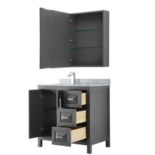 Load image into Gallery viewer, Wyndham Daria 36 Inch Single Bathroom Vanity in Dark Gray, White Carrara Marble Countertop, Undermount Square Sink, and Medicine Cabinet- Wyndham