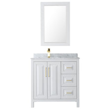 Load image into Gallery viewer, Wyndham Daria 36 Inch Single Bathroom Vanity in White, White Carrara Marble Countertop, Undermount Square Sink, 24 Inch Mirror, Brushed Gold Trim- Wyndham