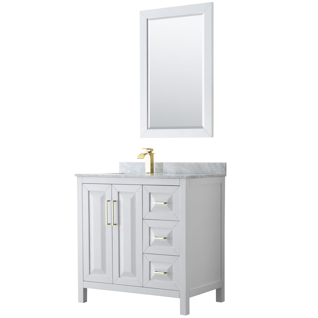 Wyndham Daria 36 Inch Single Bathroom Vanity in White, White Carrara Marble Countertop, Undermount Square Sink, 24 Inch Mirror, Brushed Gold Trim- Wyndham