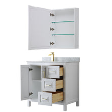 Load image into Gallery viewer, Wyndham Daria 36 Inch Single Bathroom Vanity in White, White Carrara Marble Countertop, Undermount Square Sink, Medicine Cabinet, Brushed Gold Trim- Wyndham