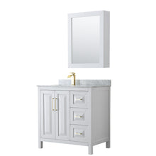 Load image into Gallery viewer, Wyndham Daria 36 Inch Single Bathroom Vanity in White, White Carrara Marble Countertop, Undermount Square Sink, Medicine Cabinet, Brushed Gold Trim- Wyndham
