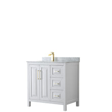 Load image into Gallery viewer, Wyndham Daria 36 Inch Single Bathroom Vanity in White, White Carrara Marble Countertop, Undermount Square Sink, Brushed Gold Trim- Wyndham