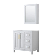 Load image into Gallery viewer, Wyndham Daria 36 Inch Single Bathroom Vanity in White, No Countertop, No Sink, Medicine Cabinet, Brushed Gold Trim- Wyndham