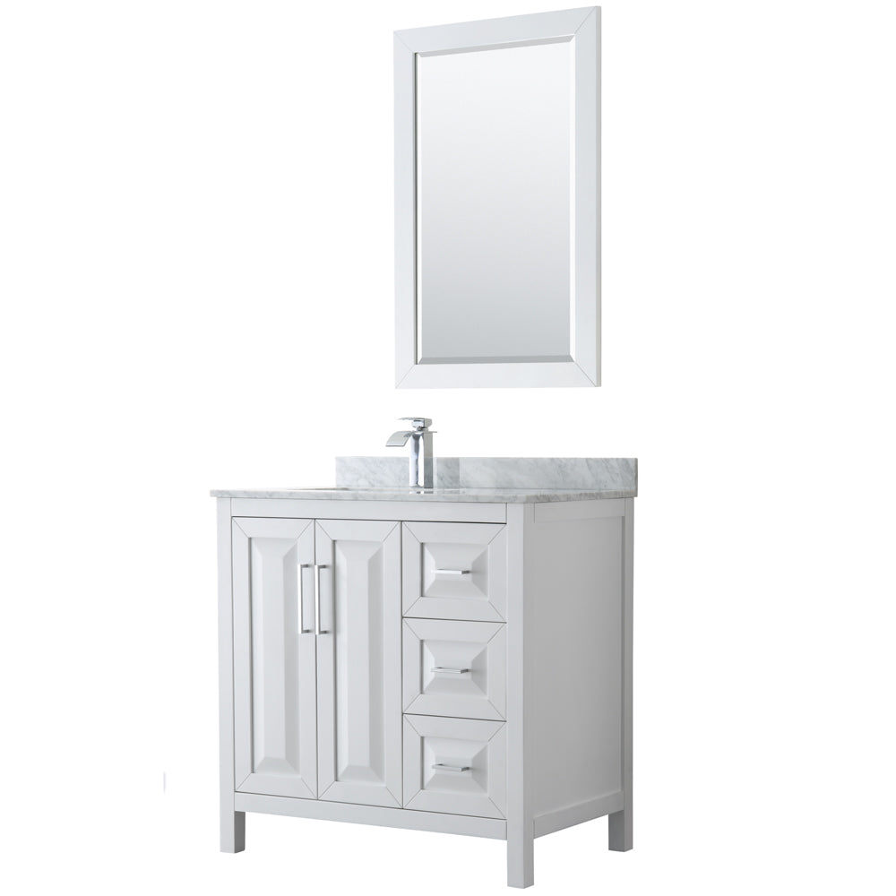 Wyndham Daria 36 Inch Single Bathroom Vanity in White, White Carrara Marble Countertop, Undermount Square Sink, and 24 Inch Mirror- Wyndham