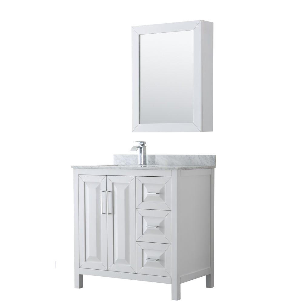 Wyndham Daria 36 Inch Single Bathroom Vanity in White, White Carrara Marble Countertop, Undermount Square Sink, and Medicine Cabinet- Wyndham