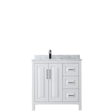 Load image into Gallery viewer, Wyndham Daria 36 Inch Single Bathroom Vanity in White, White Carrara Marble Countertop, Undermount Square Sink, and No Mirror- Wyndham