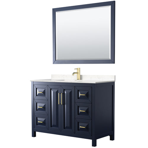 Wyndham Daria 48 Inch Single Bathroom Vanity in Dark Blue, Light-Vein Carrara Cultured Marble Countertop, Undermount Square Sink, 46 Inch Mirror- Wyndham