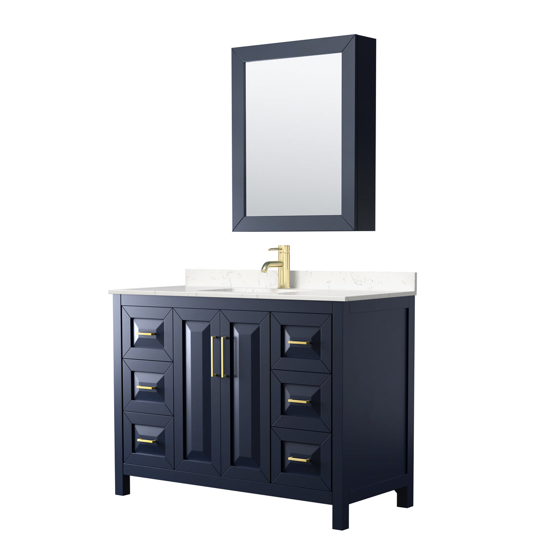 Wyndham Daria 48 Inch Single Bathroom Vanity in Dark Blue, Light-Vein Carrara Cultured Marble Countertop, Undermount Square Sink, Medicine Cabinet- Wyndham