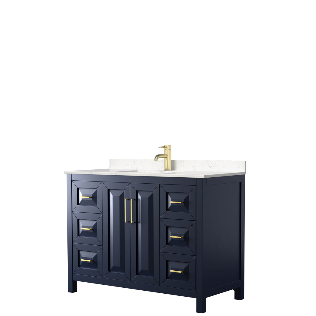 Wyndham Daria 48 Inch Single Bathroom Vanity in Dark Blue, Light-Vein Carrara Cultured Marble Countertop, Undermount Square Sink, No Mirror- Wyndham