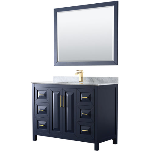 Wyndham Daria 48 Inch Single Bathroom Vanity in Dark Blue, White Carrara Marble Countertop, Undermount Square Sink, 46 Inch Mirror- Wyndham