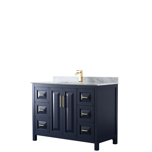 Wyndham Daria 48 Inch Single Bathroom Vanity in Dark Blue, White Carrara Marble Countertop, Undermount Square Sink, No Mirror- Wyndham