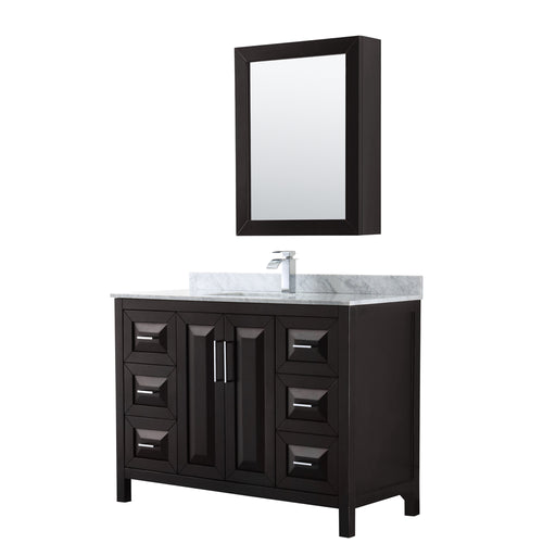 Wyndham Daria 48 Inch Single Bathroom Vanity in Dark Espresso, White Carrara Marble Countertop, Undermount Square Sink, and Medicine Cabinet- Wyndham