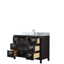 Load image into Gallery viewer, Wyndham Daria 48 Inch Single Bathroom Vanity in Dark Espresso, White Carrara Marble Countertop, Undermount Square Sink, and No Mirror- Wyndham