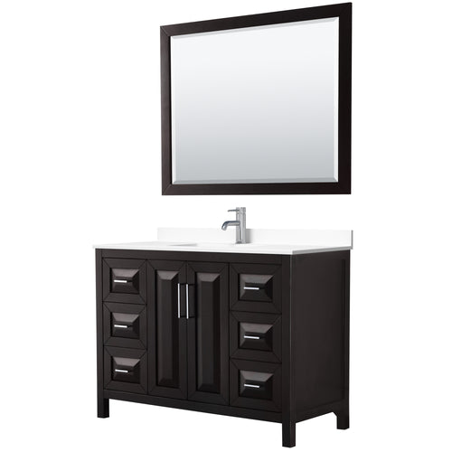 Wyndham Daria 48 Inch Single Bathroom Vanity in Dark Espresso, White Cultured Marble Countertop, Undermount Square Sink, 46 Inch Mirror- Wyndham