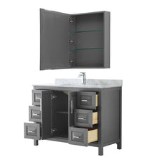 Load image into Gallery viewer, Wyndham Daria 48 Inch Single Bathroom Vanity in Dark Gray, White Carrara Marble Countertop, Undermount Square Sink, and Medicine Cabinet- Wyndham