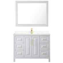 Load image into Gallery viewer, Wyndham Daria 48 Inch Single Bathroom Vanity in White, Light-Vein Carrara Cultured Marble Countertop, Undermount Square Sink, 46 Inch Mirror, Brushed Gold Trim- Wyndham