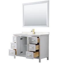 Load image into Gallery viewer, Wyndham Daria 48 Inch Single Bathroom Vanity in White, Light-Vein Carrara Cultured Marble Countertop, Undermount Square Sink, 46 Inch Mirror, Brushed Gold Trim- Wyndham