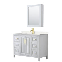 Load image into Gallery viewer, Wyndham Daria 48 Inch Single Bathroom Vanity in White, Light-Vein Carrara Cultured Marble Countertop, Undermount Square Sink, Medicine Cabinet, Brushed Gold Trim- Wyndham