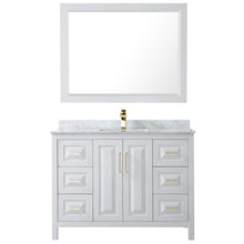 Load image into Gallery viewer, Wyndham Daria 48 Inch Single Bathroom Vanity in White, White Carrara Marble Countertop, Undermount Square Sink, 46 Inch Mirror, Brushed Gold Trim- Wyndham