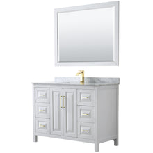 Load image into Gallery viewer, Wyndham Daria 48 Inch Single Bathroom Vanity in White, White Carrara Marble Countertop, Undermount Square Sink, 46 Inch Mirror, Brushed Gold Trim- Wyndham