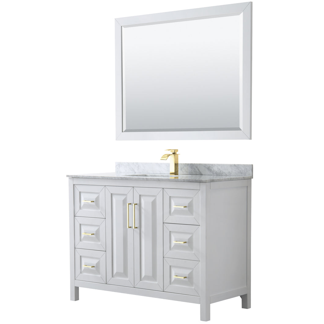 Wyndham Daria 48 Inch Single Bathroom Vanity in White, White Carrara Marble Countertop, Undermount Square Sink, 46 Inch Mirror, Brushed Gold Trim- Wyndham