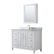 Load image into Gallery viewer, Wyndham Daria 48 Inch Single Bathroom Vanity in White, White Carrara Marble Countertop, Undermount Square Sink, Medicine Cabinet, Brushed Gold Trim- Wyndham