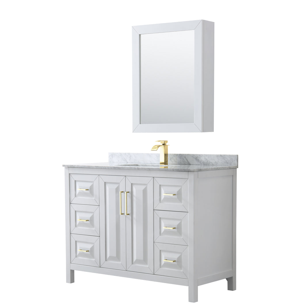 Wyndham Daria 48 Inch Single Bathroom Vanity in White, White Carrara Marble Countertop, Undermount Square Sink, Medicine Cabinet, Brushed Gold Trim- Wyndham