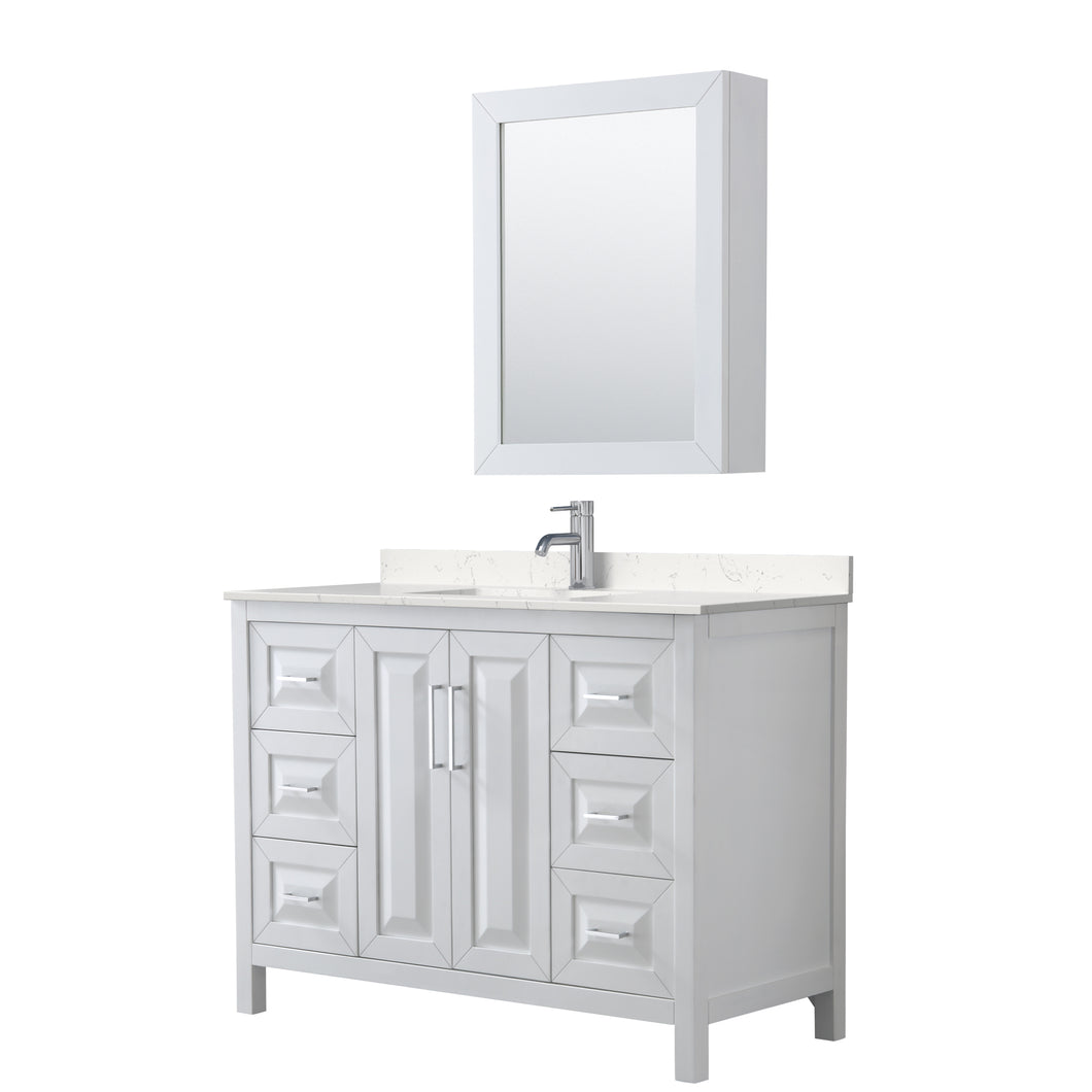 Wyndham Daria 48 Inch Single Bathroom Vanity in White, Light-Vein Carrara Cultured Marble Countertop, Undermount Square Sink, Medicine Cabinet- Wyndham