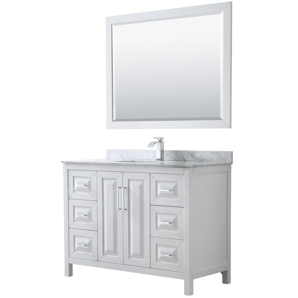 Wyndham Daria 48 Inch Single Bathroom Vanity in White, White Carrara Marble Countertop, Undermount Square Sink, and 46 Inch Mirror- Wyndham