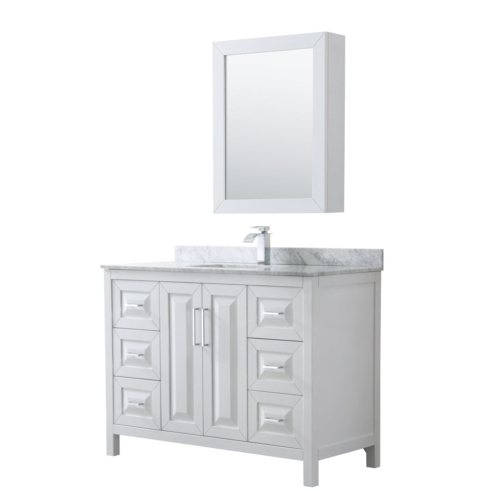Wyndham Daria 48 Inch Single Bathroom Vanity in White, White Carrara Marble Countertop, Undermount Square Sink, and Medicine Cabinet- Wyndham